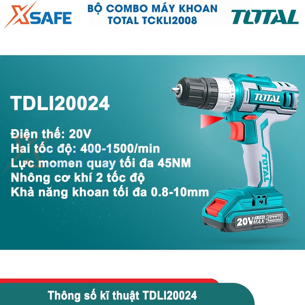Bộ máy khoan cầm tay TOTAL TCKLI2008 gồm 2 máy khoan pin 20V, kèm 2 pin 2.0Ah 1 sạc, dùng khoan đục gỗ, bê tông,kim loại