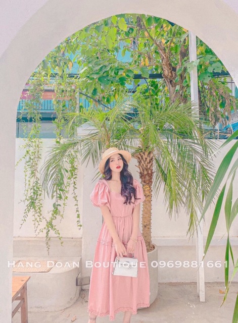 Đầm dáng suông cổ vuông tay ngắn bồng