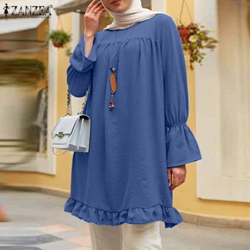 Zanzea Áo Kiểu Babydoll Tay Phồng Màu Trơn Thời Trang Cho Phụ Nữ Hồi Giáo