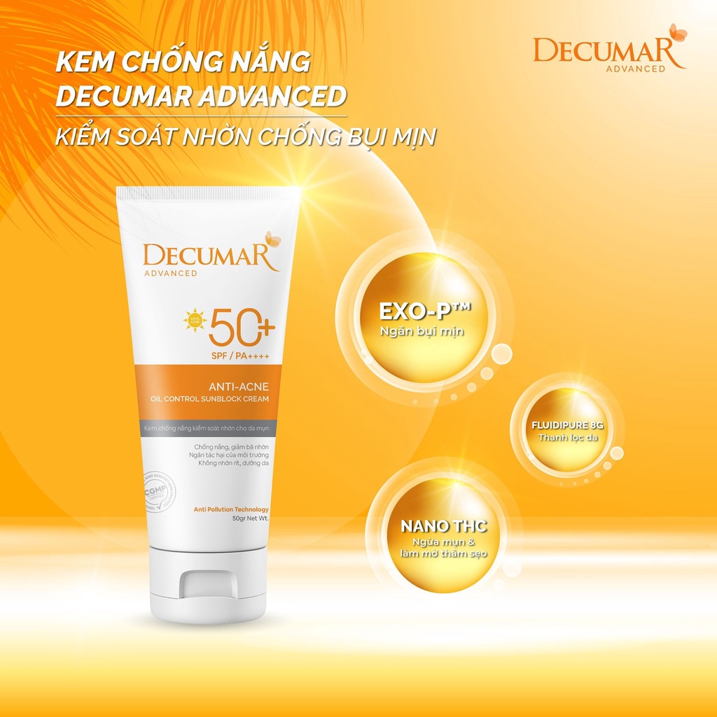 Kem chống nắng ngừa mụn Decumar 50g SPF 50 không bóng nhờn bít lỗ chân lông