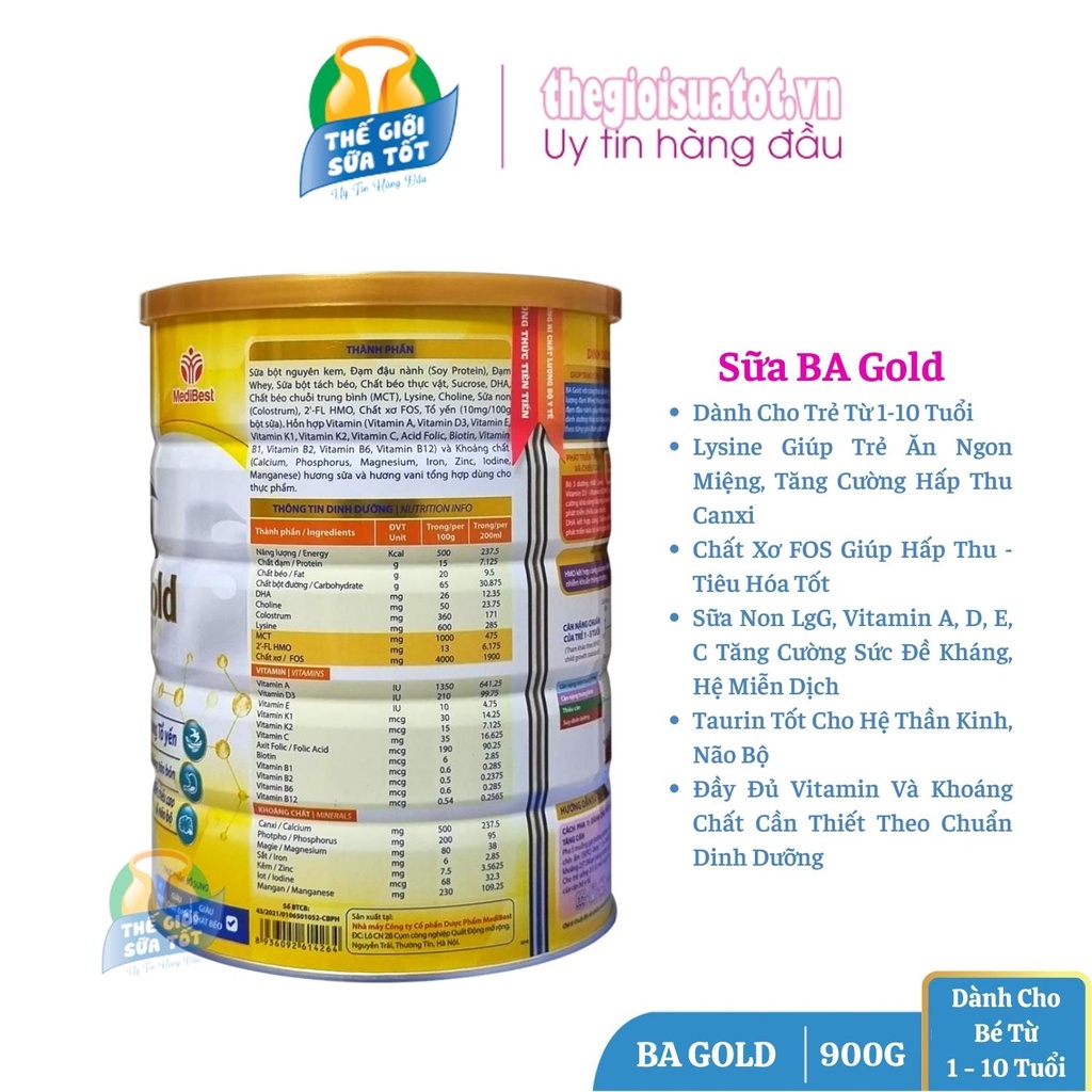 Sữa BA Gold - 900G MẪU MỚI - Giúp Phát Triển Chiều Cao Trí Não Tăng Cân Miễn Dịch Khỏe Mạnh Tiêu Hóa Tốt thegioisuatot