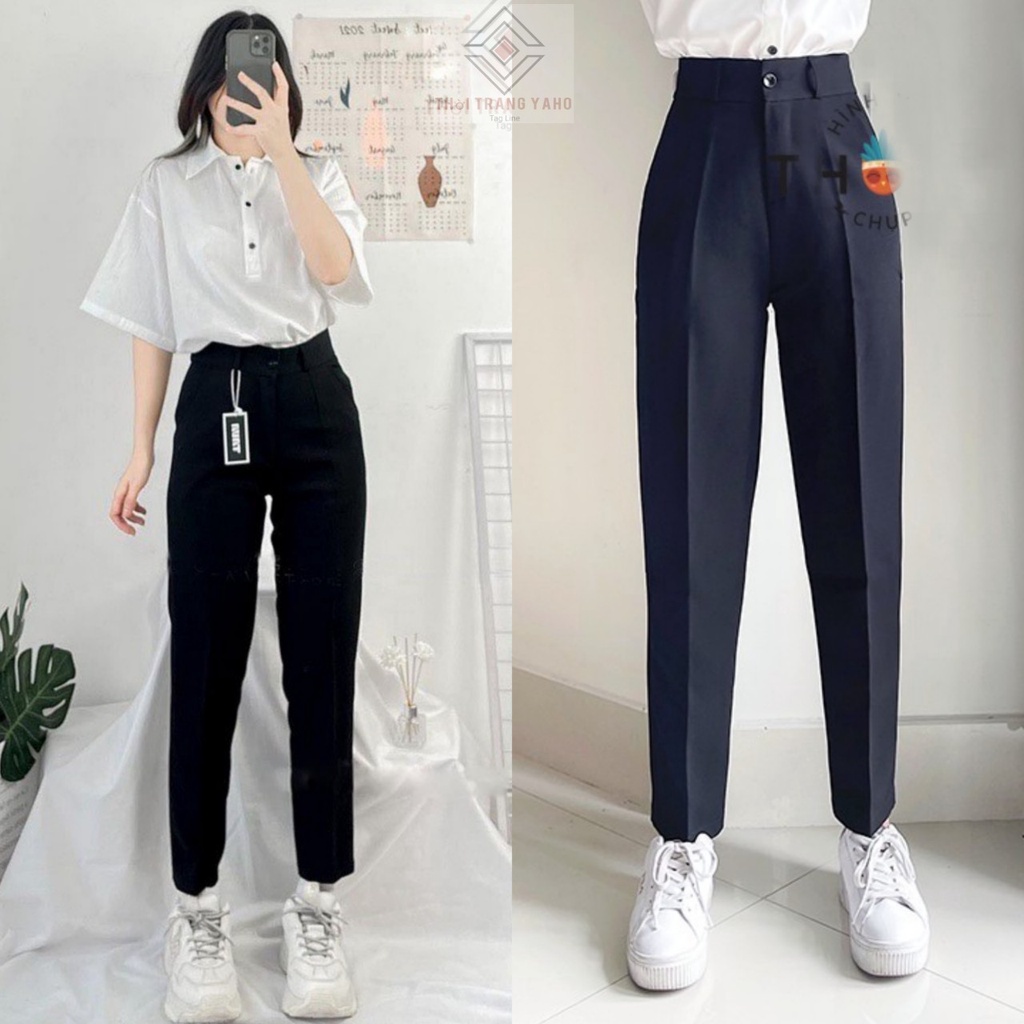 Quần tây nữ lưng cao đi học màu xanh đen dáng suông dài vải trơn mềm - Quần vải baggy nữ cạp cao kèm đai mặc công sở đẹp