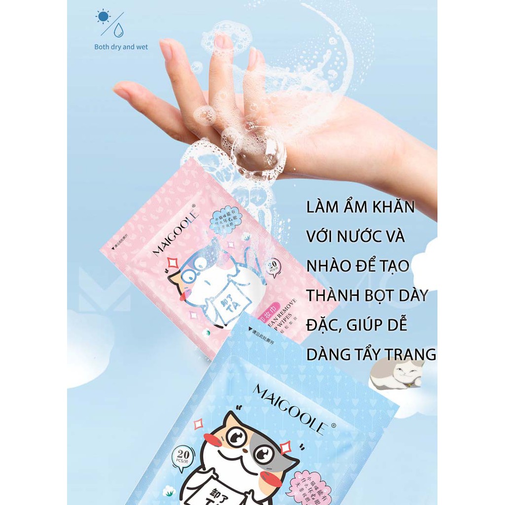 Khăn Tẩy Trang Makeup MAIGOOLE Làm Sạch Sâu Chăm Sóc Da Bằng Vải Cotton Siêu Mềm Mịn Gói 20 Miếng