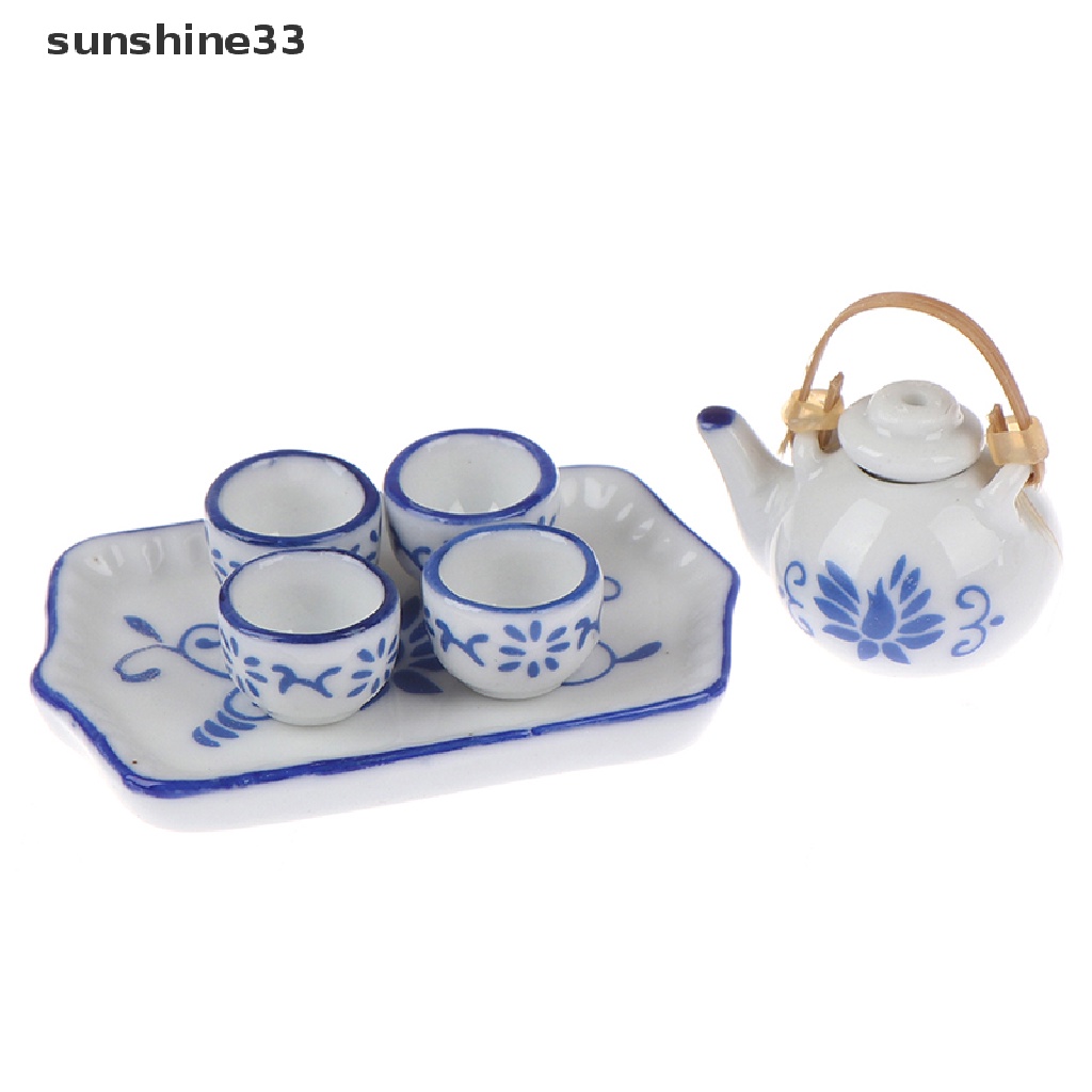 Set 6 món mô hình đĩa bình tách trà gốm xanh lam gợn sóng cho nhà búp bê