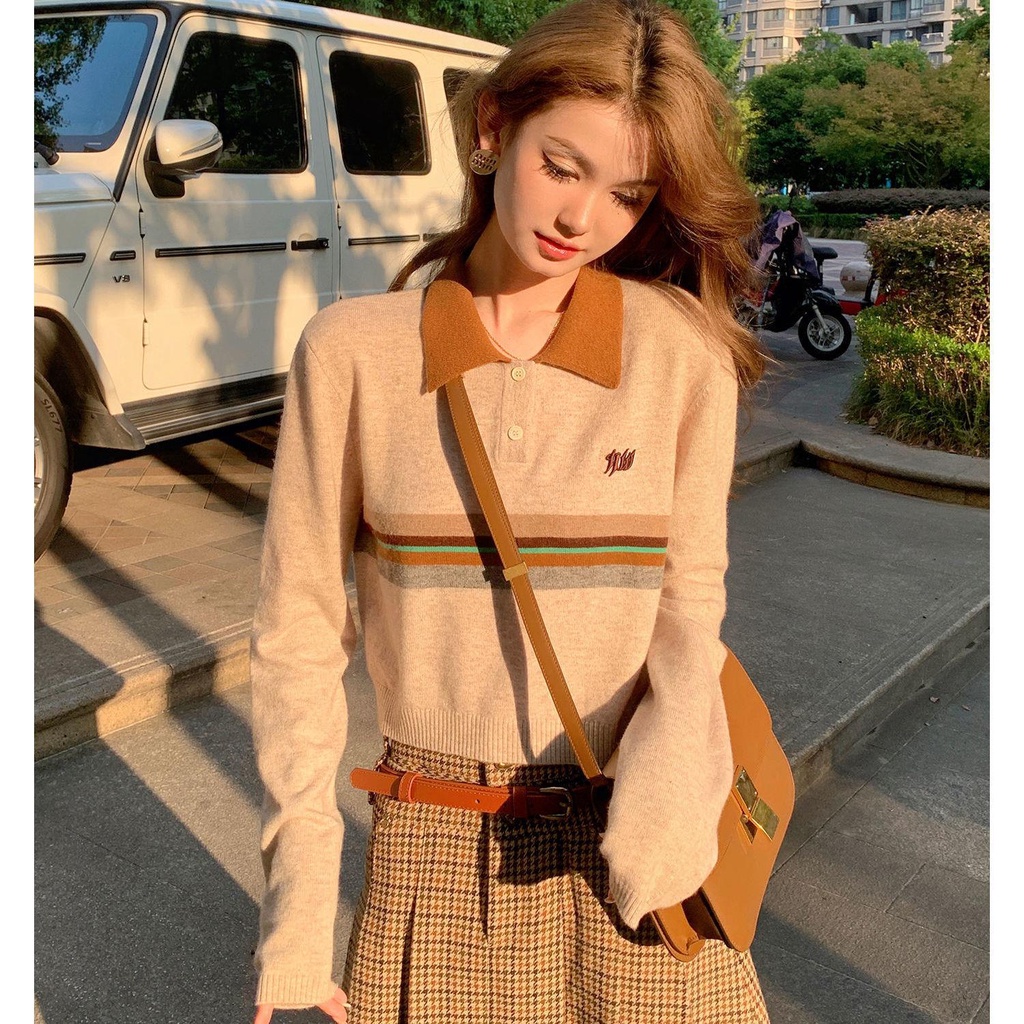 Nimo WANG Áo Sweater Chui Đầu Cổ Polo Tay Dài Kẻ Sọc Màu Tương Phản Kiểu Retro Mỹ Thời Trang Mùa Thu Cho Sinh Viên