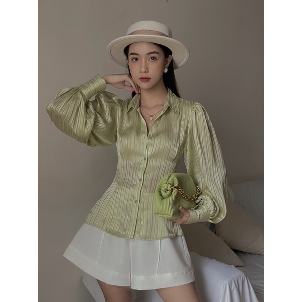 Áo sơmi lụa kim tuyến 2 màu trắng-xanh | BigBuy360 - bigbuy360.vn