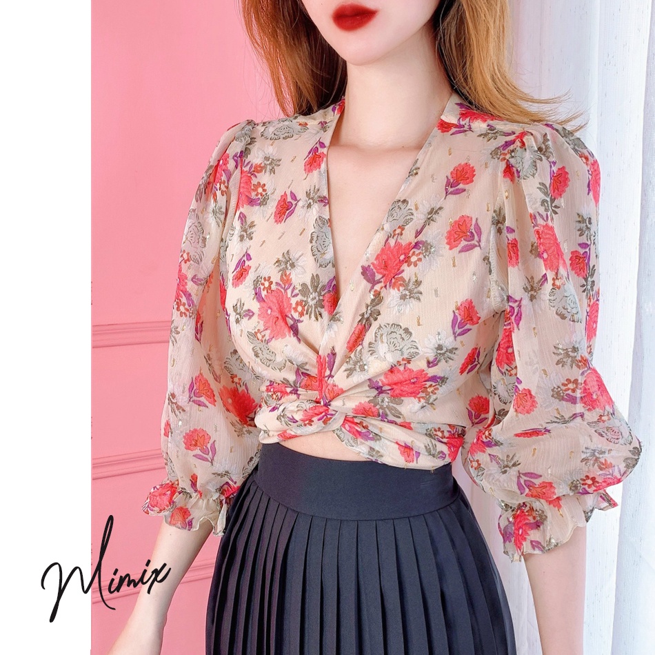 Áo sơ mi pha ren đắp chéo tay dài MIMIX BM0120