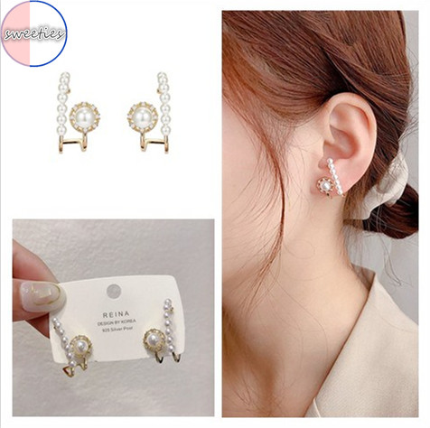 Đôi khuyên trang sức tai thiết kế hình học có đính ngọc trai lung linh cho phái nữ