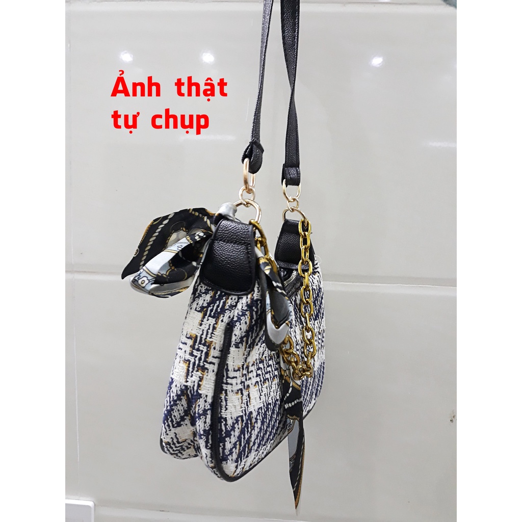 Túi xách nữ đeo vai, túi kẹp nách dạ kẻ buộc nơ dây xích trẻ trung năng động