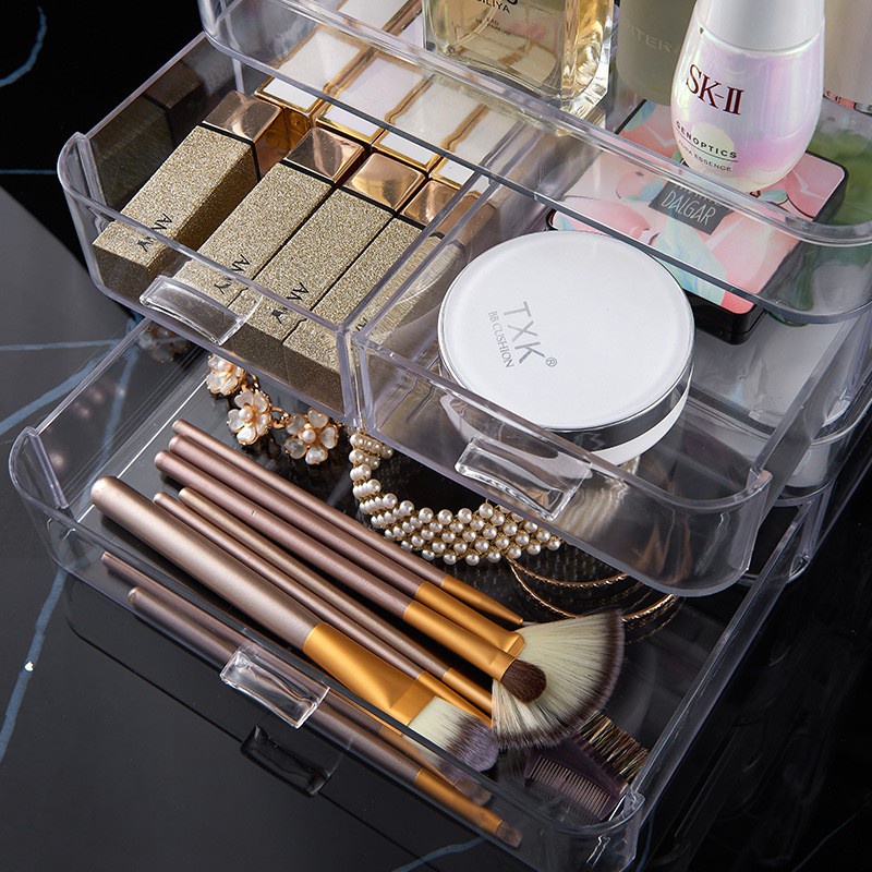 Hộp lưu trữ mỹ phẩm Hộp lưu trữ chống bụi để bàn Loại ngăn kéo acrylic Hộp đựng đồ trang điểm trong suốt+ 3 ngăn kéo