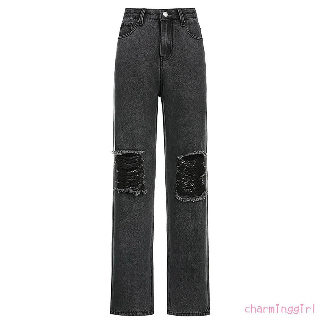 Quần Jean Nữ Lưng Cao Rách Gối Thời Trang