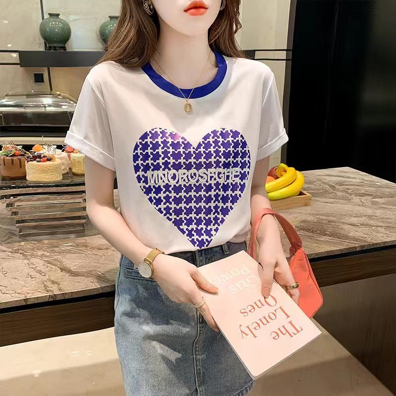Áo Thun Cotton Cổ Tròn Tay Ngắn In Hình Trái Tim Phối Màu Thời Trang Mùa Hè Hàn Quốc Mới 2022 Dành Cho Bạn Nữ