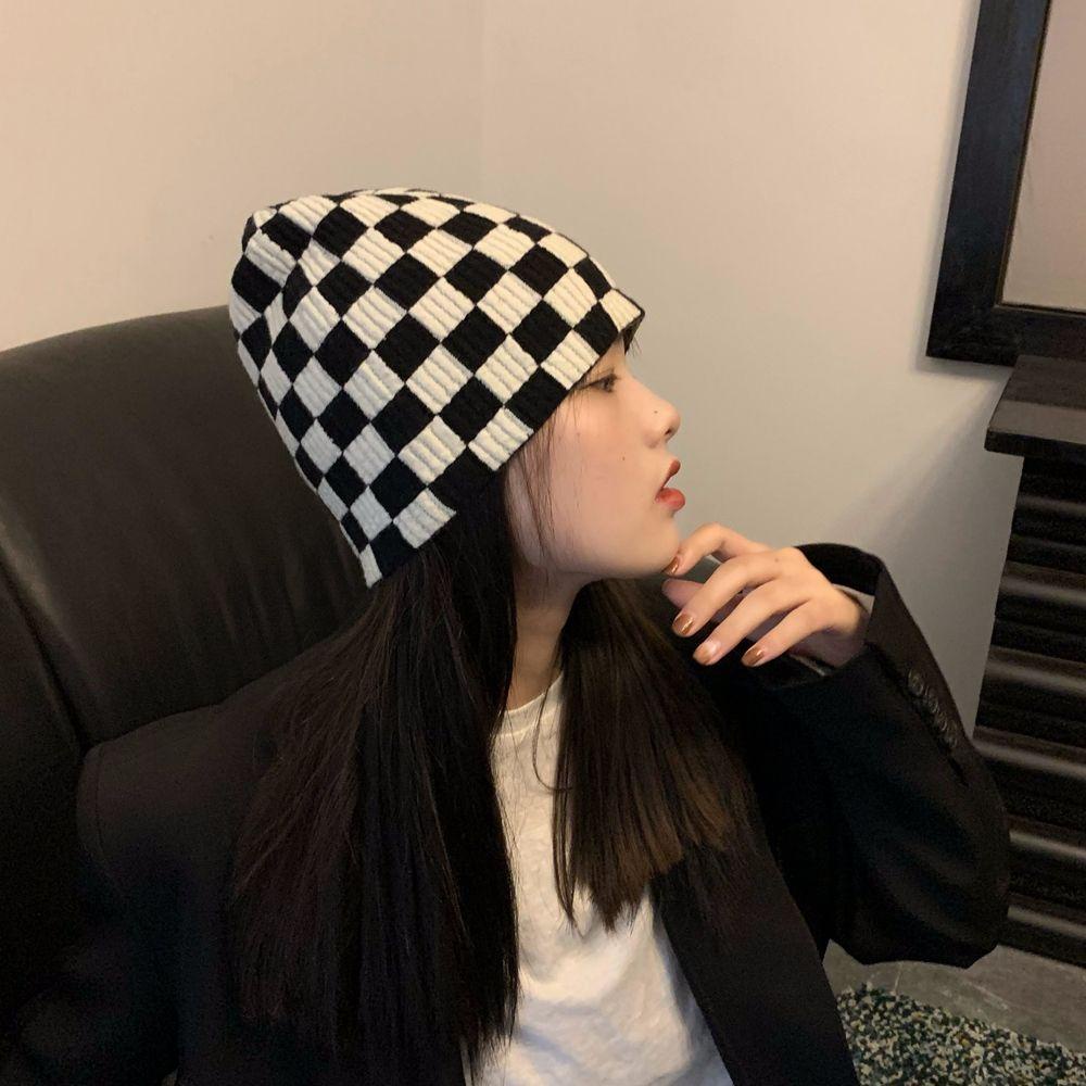 Fallforbeauty Mũ Len Beanie Dệt Kim Kẻ Ô Vuông Giữ Ấm Mùa Thu Dễ Thương Cho Cặp Đôi