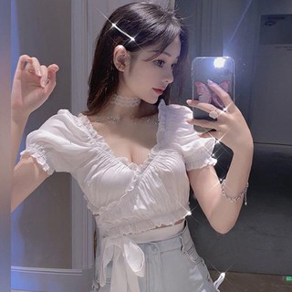 Korean style Women retro style Crop top V-neck Lady Tshirt Lace Bow short-sleeve Croptop with crisscross straps Top