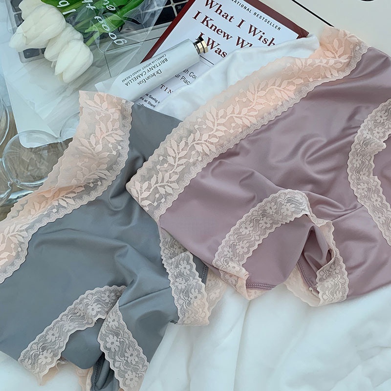 Quần Lót Lụa Lạnh Phối Ren Lưng Cao Cỡ Vừa Thời Trang Cho Nữ