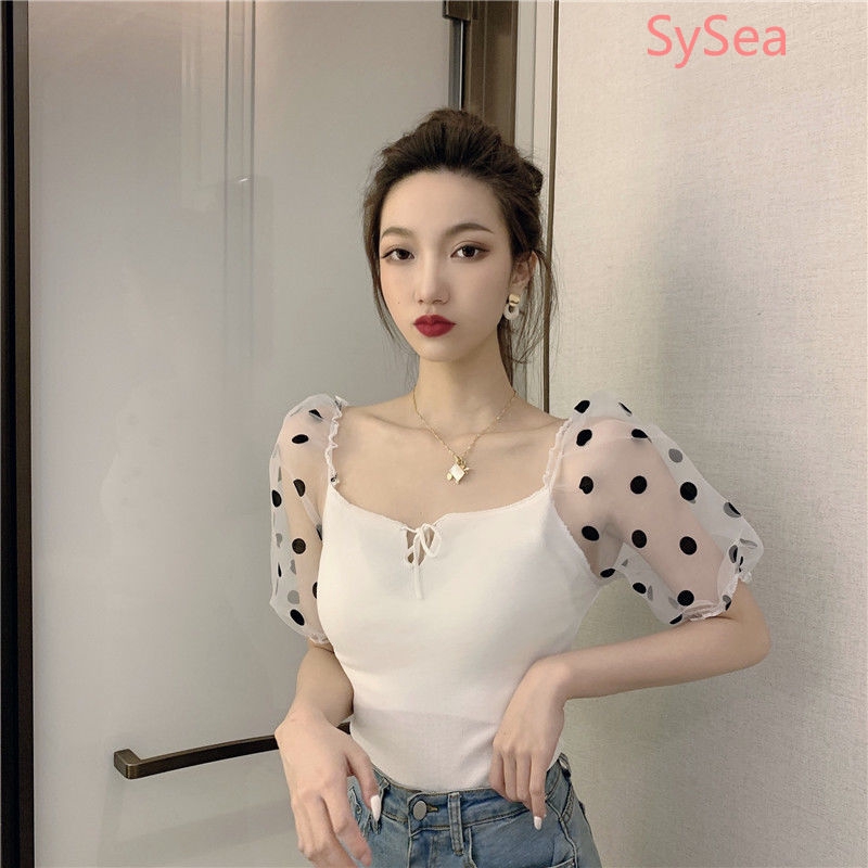 Áo Kiểu Tay Phồng Phối Lưới Họa Tiết Chấm Bi Xinh Xắn Thời Trang Cho Nữ