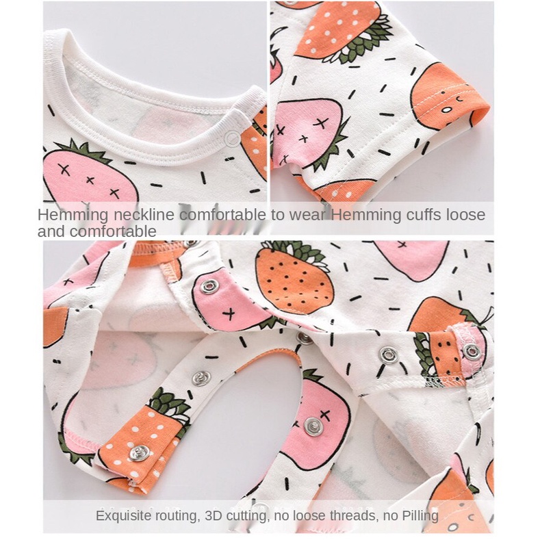 Áo liền quần tay ngắn chất liệu cotton in họa tiết dâu tây đáng yêu cho bé 0-24 tháng tuổi
