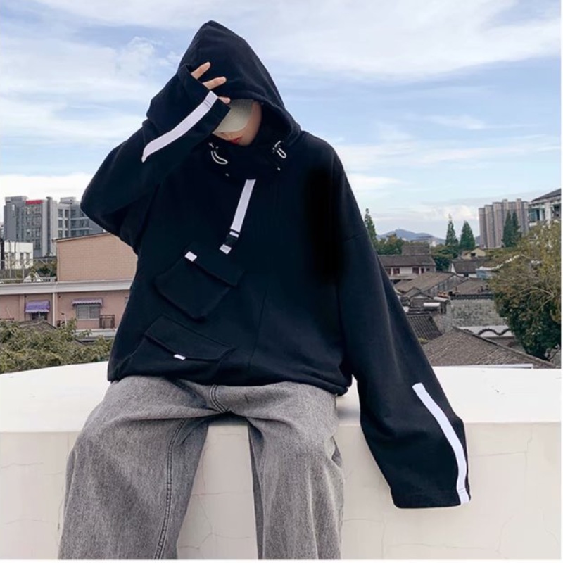 Áo khoác hoodie dáng rộng có nhiều túi đựng tay dài phong cách mùa thu cho nam nữ