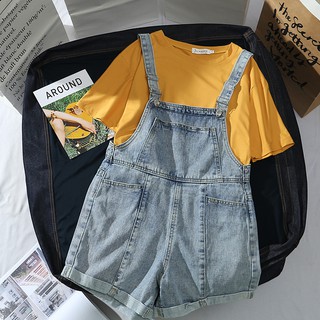 Set Trang Phục Quần Bò Yếm Dáng Ngắn Phối Áo Phông Dành Cho Nữ Sẵn Size M