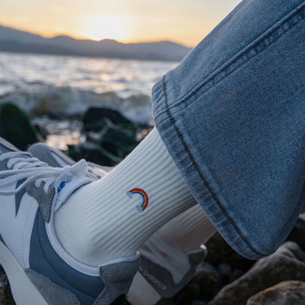 Tất Vớ Dài Cổ Cao Nam Nữ Trắng Cotton Thêu Hình Thời Tiết, vải dày dặn mềm mại, cotton thấm hút