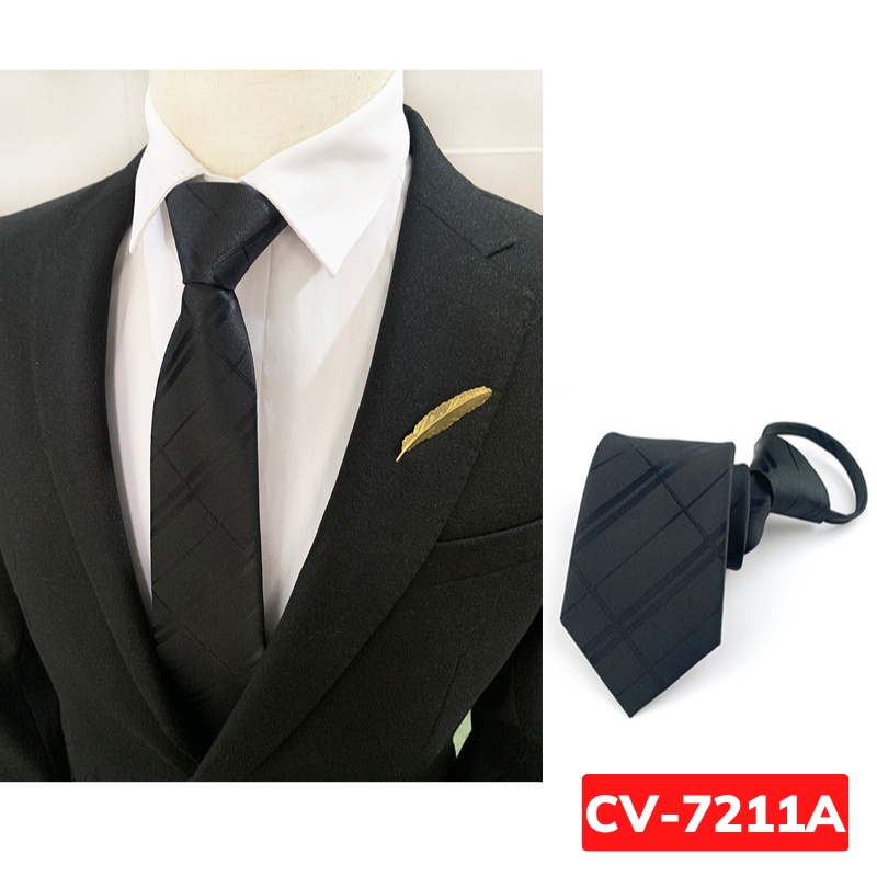 Cavat Nam 7cm thắt sẵn màu đen kẻ chéo thời trang, Calavat chú rể, Cà vạt công sở, Cravat dự tiệc