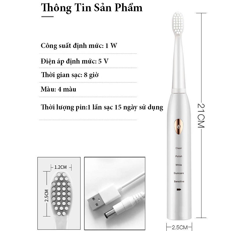 Bàn Chải Điện, Bàn Chải Đánh Răng 5 Chế Độ Có Thể Sạc Lại Với 3 Đầu Thay Thế Sử Dụng Tiện Lợi - BC09 - Gia Dụng Tý Tẹo