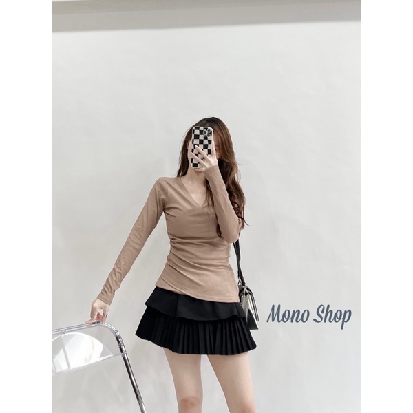 Áo thun tăm cổ đắp nhún eo khuy bên, áo thun tăm gân vạt đắp đính nút bên. Ảnh thật/ sẵn