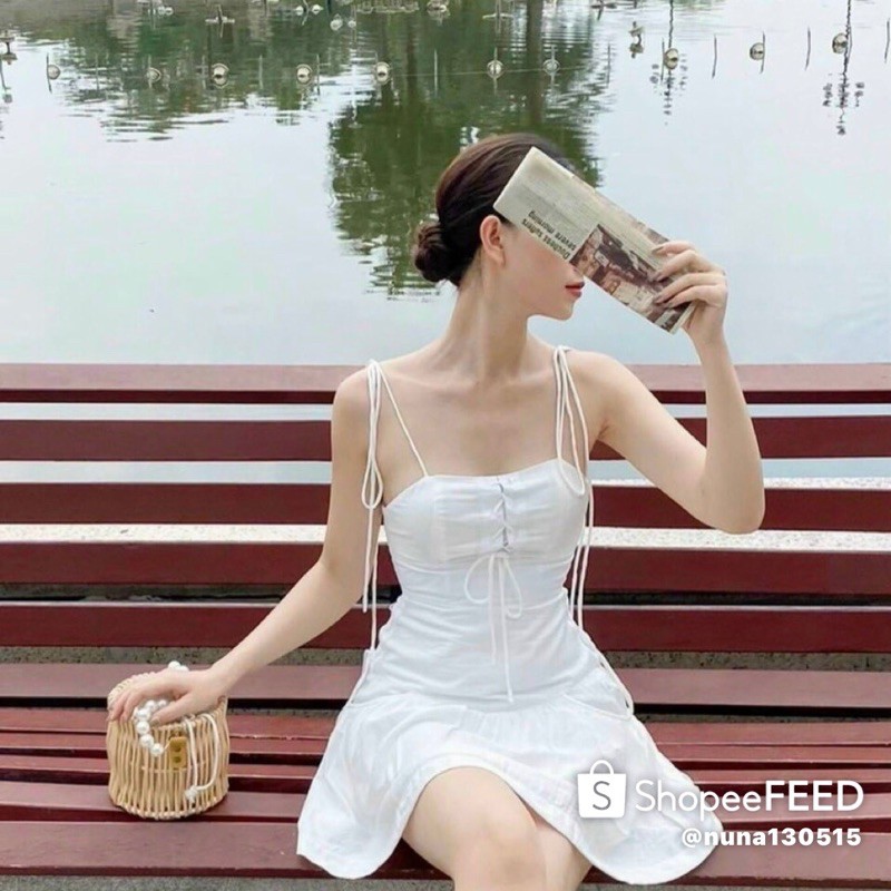 ẢNH THẬT TRẢI SÀN - ĐẦM TRẮNG 2S CỘT VAI ĐAN DÂY NGỰC