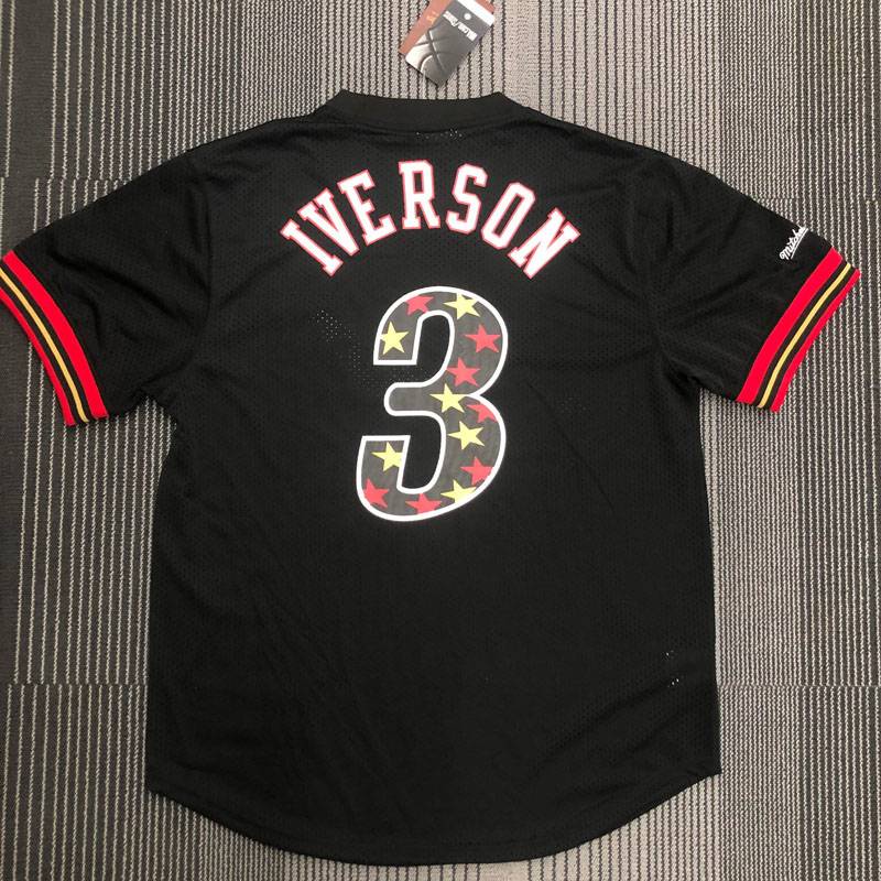 Gp1 Áo Thun Bóng Rổ nba jersey 76Es iverson Số 3 Tay Ngắn Màu Đen Kiểu Cổ Điển