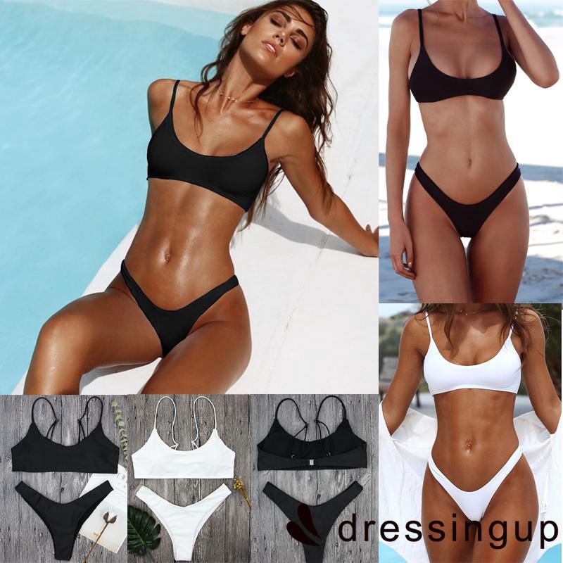 Bộ bikini 2 mảnh nâng dáng thiết kế trơn 2 màu trắng đen sang trọng quyến rũ dành cho nữ