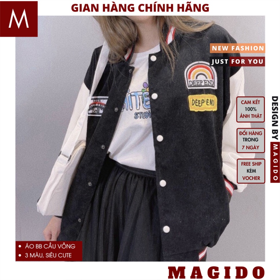 Áo khoác nhung tăm cầu vồng cúc bấm nam nữ ulzzang, Áo Bomber Deep End Unisex 3 màu chất nỉ thời trang thu đông - MAGIDO