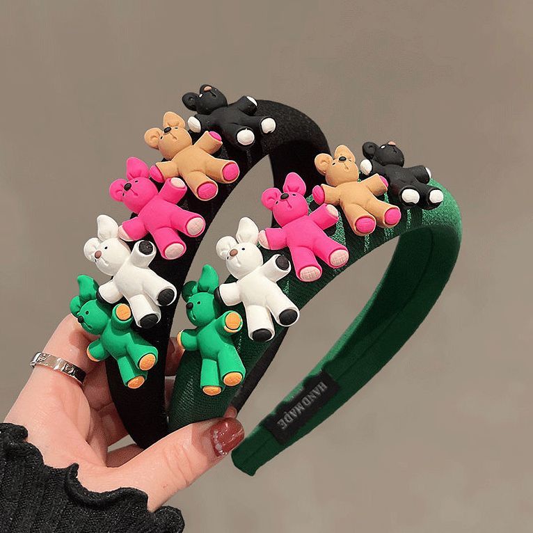 Băng Đô Cài Tóc Hình Gấu Màu Xanh Lá / Đen / Hồng Kiểu Hàn Quốc Xinh Xắn