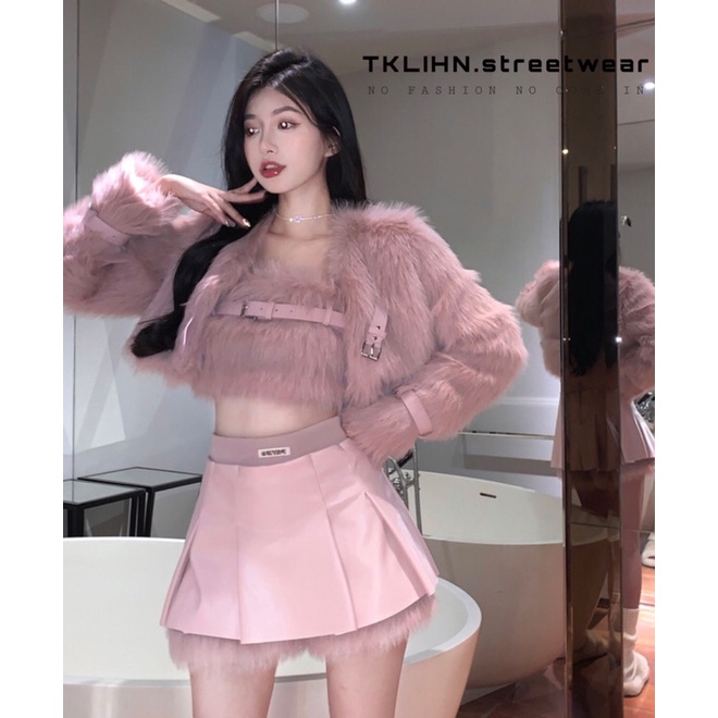 (SẴN)TKLIHN Set váy Lông cưu ROSES BLACKPINK Sang Chảnh Ulzzang Sẽy FASHION 2021