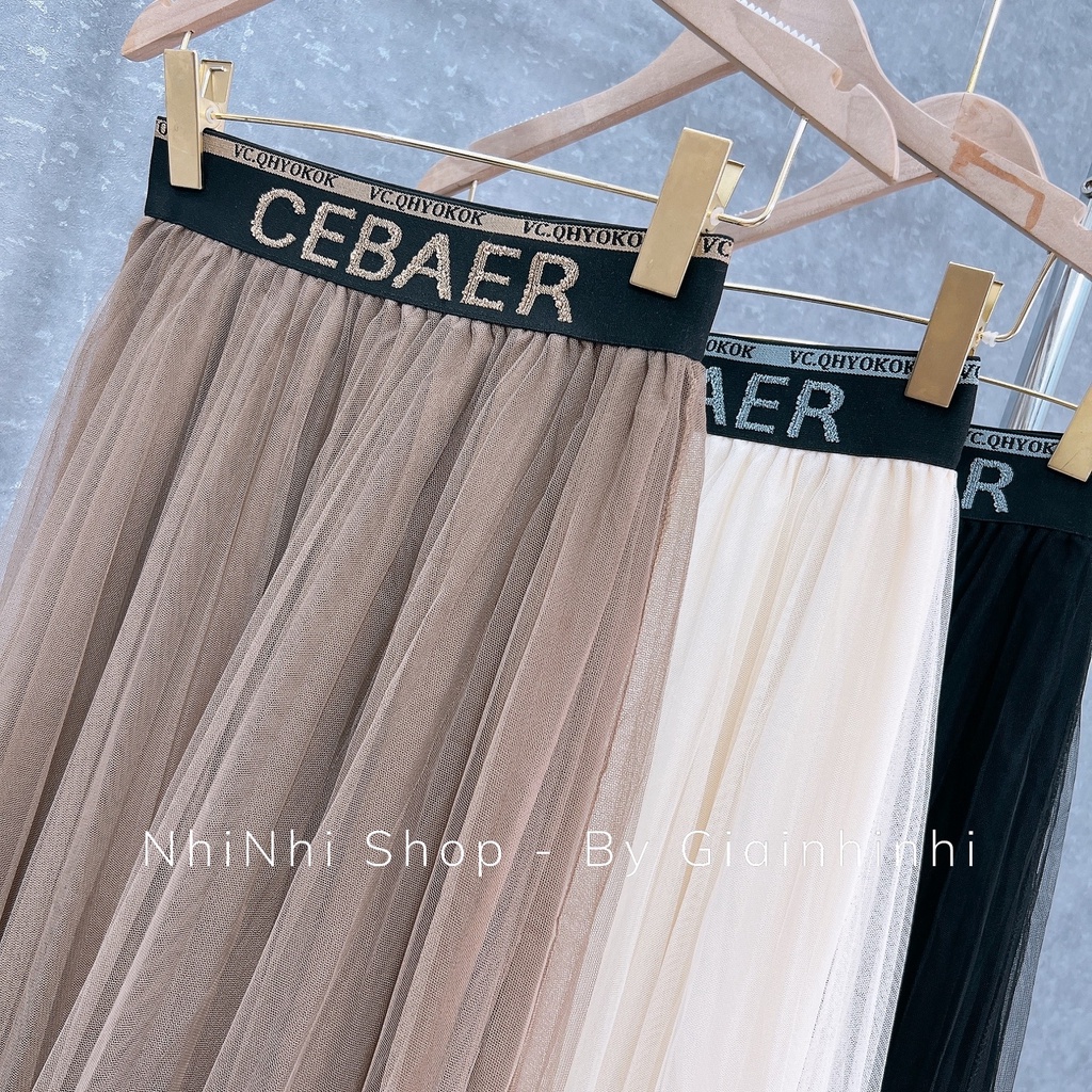 Chân váy xếp ly in chữ CEBA dáng dài, Chân váy maxi lưới cạp chun CV - NhiNhi Shop