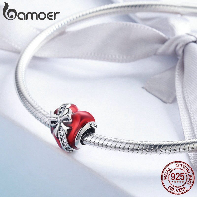 Hạt Phụ Kiện Bamoer Scc741 bạc 925 Hình Trái Tim Thắt Nơ Dùng Trang Trí Vòng Tay Tự Làm