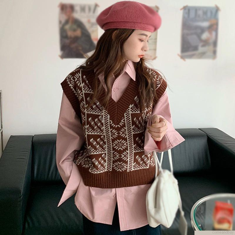 Áo dệt kim sát nách cổ chữ v phối màu tương phản phong cách retro cho nữ
 | BigBuy360 - bigbuy360.vn