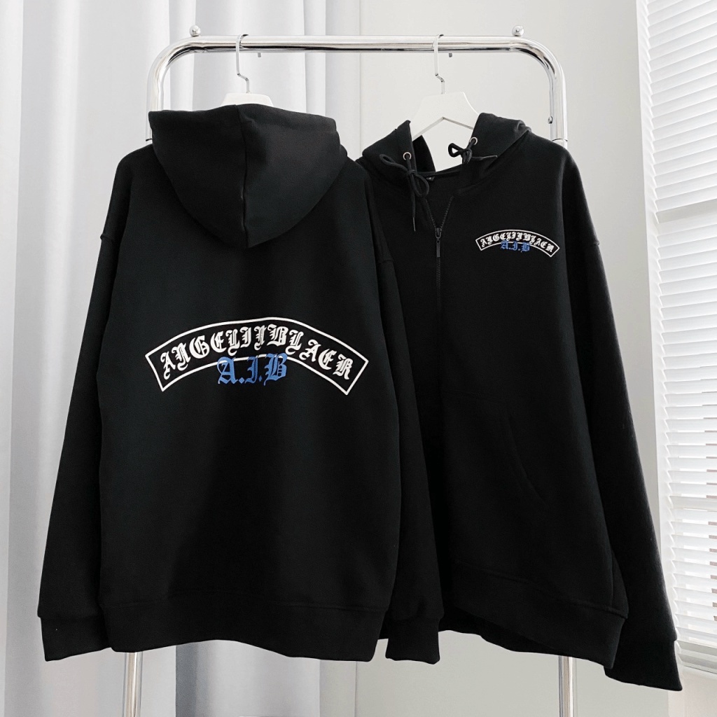 Áo Khoác Nỉ Nam Nữ Dây Khóa Kéo Màu Đen Form Rộng In Chữ Có Nón Lớn Mặc Đẹp che Nắng Tốt NEW UNISEX