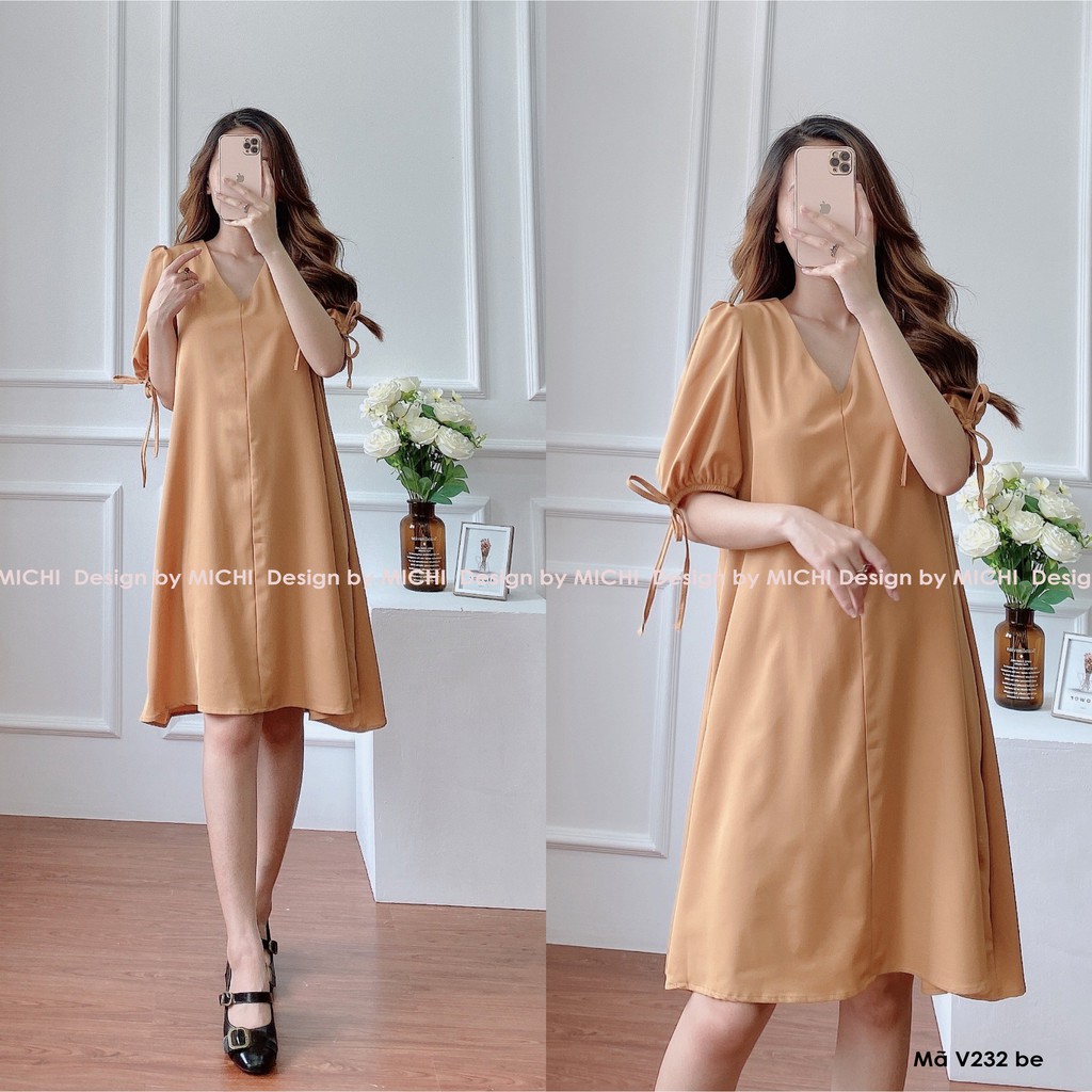 Váy thiết kế, dáng suông cổ V, tay nơ, đầm dáng xuông rộng, freesize 3 màu Xanh - Nâu - Đỏ, mã V232 - Michi's House | BigBuy360 - bigbuy360.vn