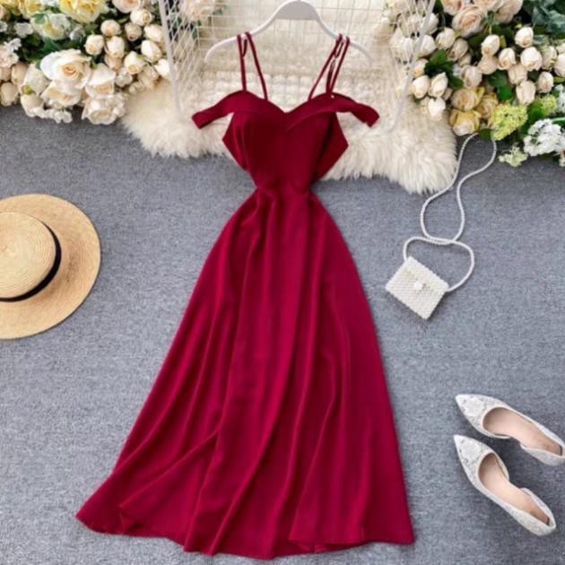 (sẵn đỏ L) Váy đầm maxi 2 dây trễ vai cổ V sexy dáng xoè dài màu đỏ, trắng, đen, vàng, xanh diện hè đi biển đi chơi new