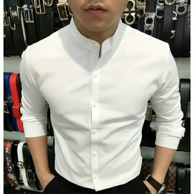 Áo Sơ mi nam cổ tàu vải lụa cao cấp dáng hàn ôm body