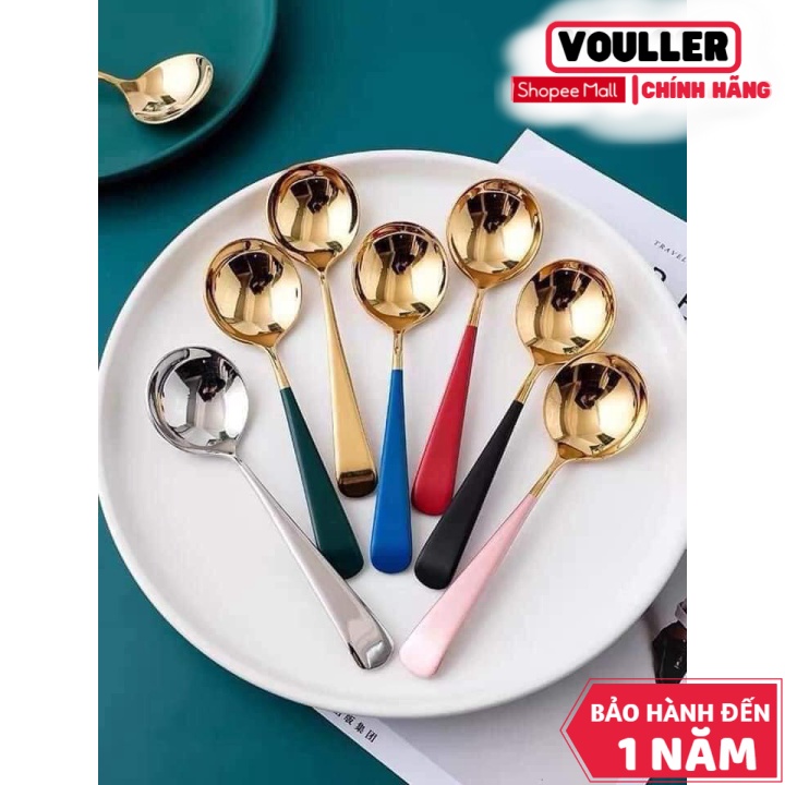 Set 5 Thìa Vouller Inox Mạ Vàng Sang Trọng- Muỗng Cà Phê Hình Tròn, Muỗng Múc Kem Muỗng Cà Phê Bằng Thép Không Gỉ