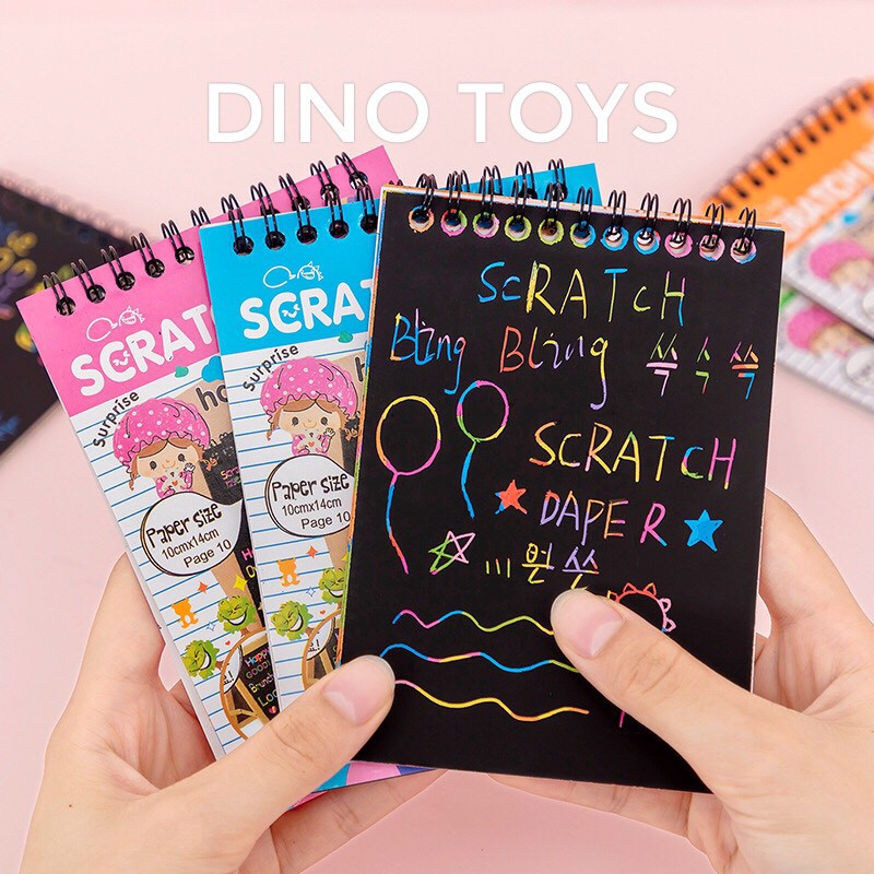 Đồ chơi trẻ em sổ vẽ ma thuật scratch note 10 tờ SIZE 14.5x10 cm, tạo nét vẽ nhiều màu trên nền giấy đen bằng bút tre