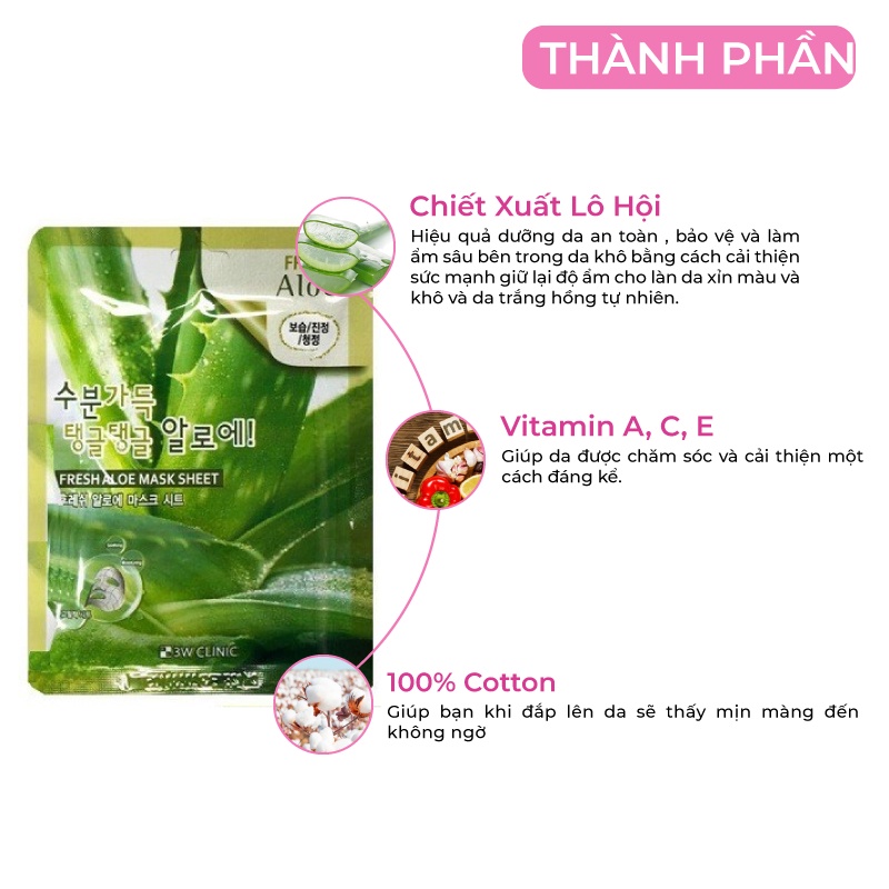 Combo 5 Túi Mặt nạ giấy dưỡng ẩm dưỡng trắng da chiết xuất từ Lô Hội 3W CLINIC Hàn Quốc