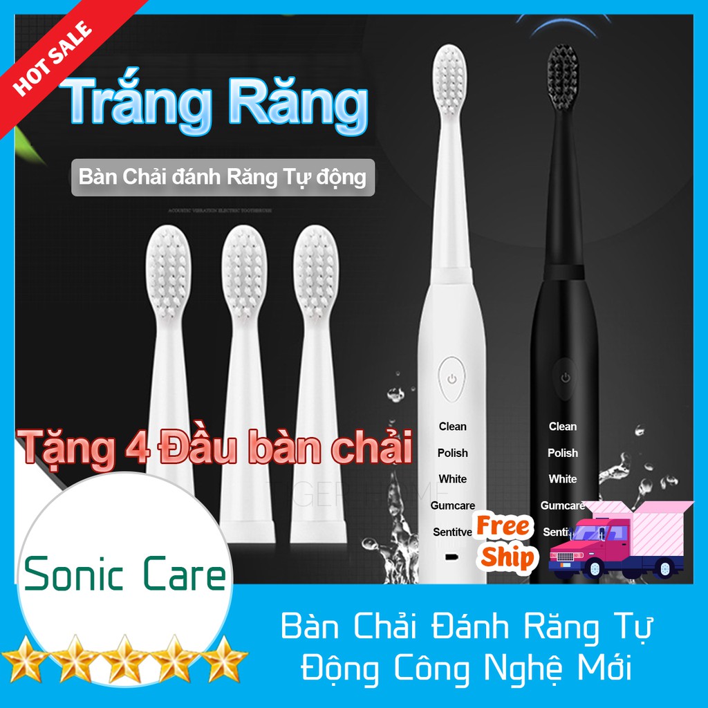 Bàn Chải đánh răng tự 5 Tự Động Sóng Âm tặng Kèm4 đầu bàn Chải model 2021 pin cực Trâu Bh 1 đổi 1