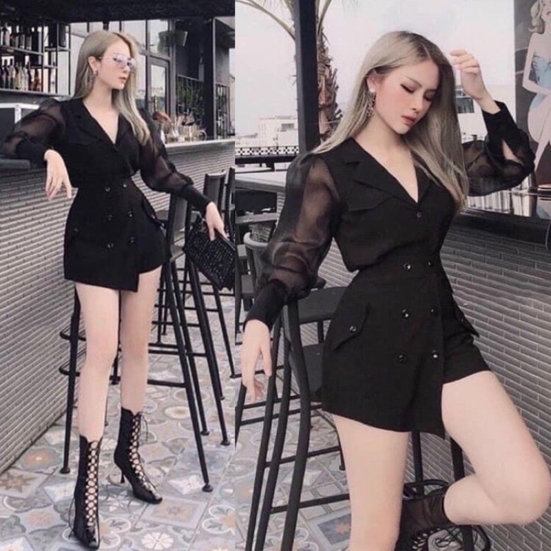 jumpsuits đen phối lưới tay dài cổ vest giả váy size M L