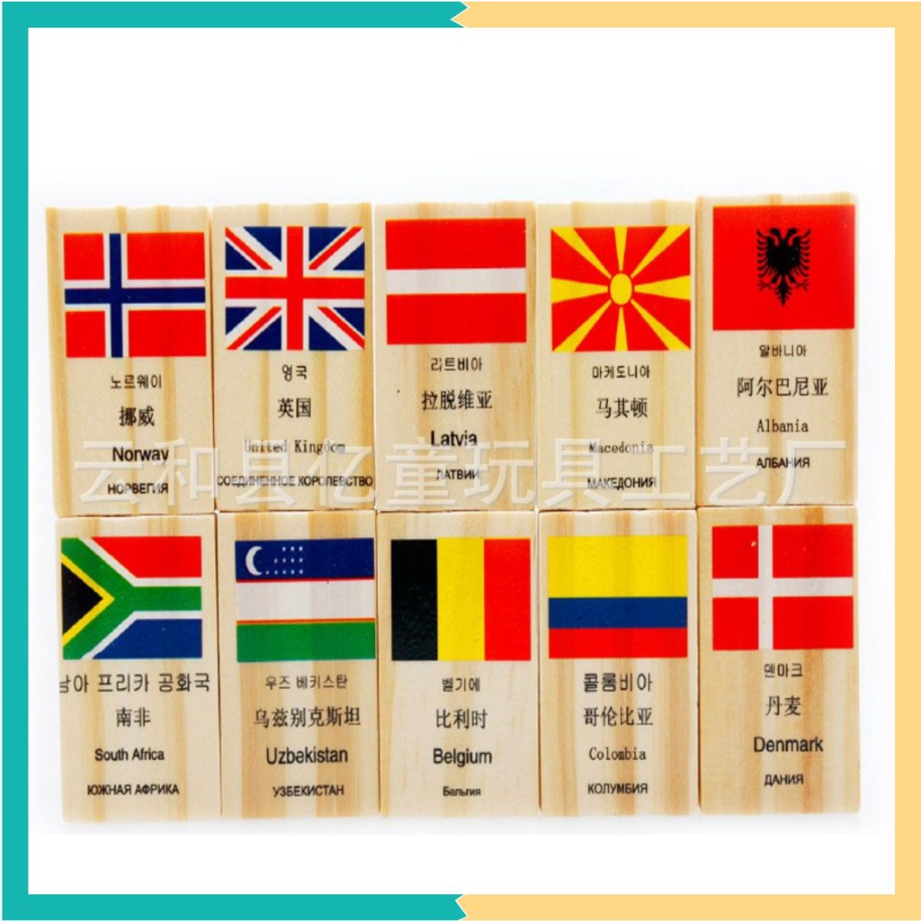 100 Domino bằng gỗ in hình Cờ - Quốc kỳ các Quốc gia