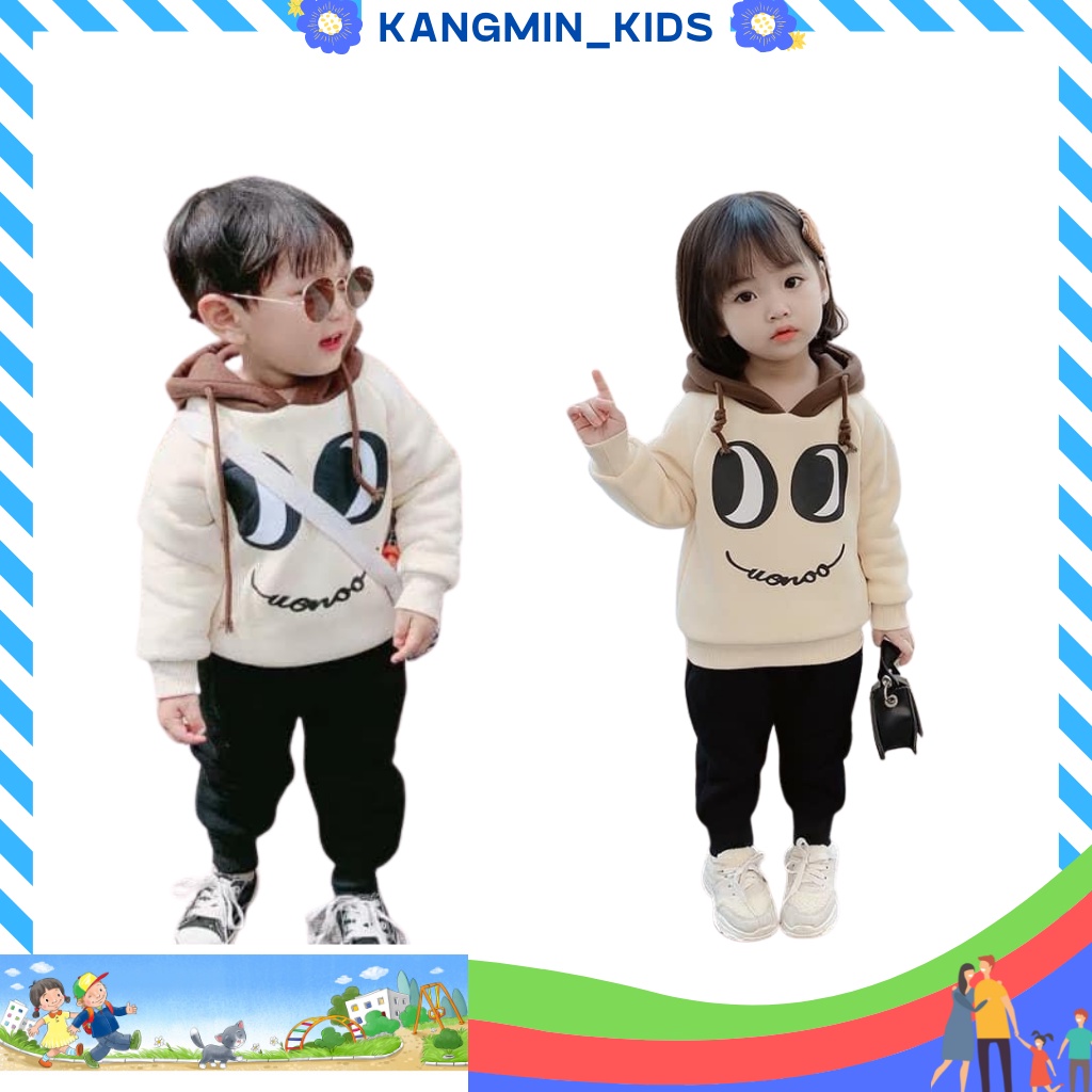 Bộ nỉ bông cho bé trai bé gái in hình mắt cực xinh Kangmin-kids, Bộ quần áo nỉ bé trai bé gái chất nỉ bông cực ấm 8-27kg