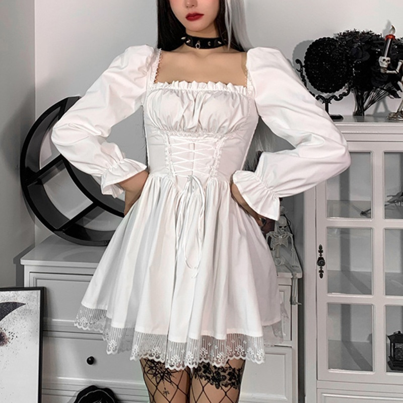 Youyo Đầm Dáng Chữ A Tay Phồng Dài Phối Ren Phong Cách Gothic Lolita Cho Nữ