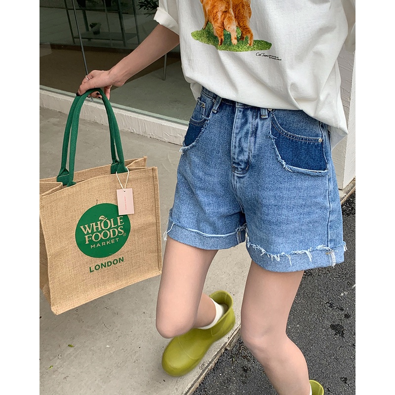 Quần Đùi jeans Lưng Cao Ống Rộng Thời Trang retro Cho Nữ