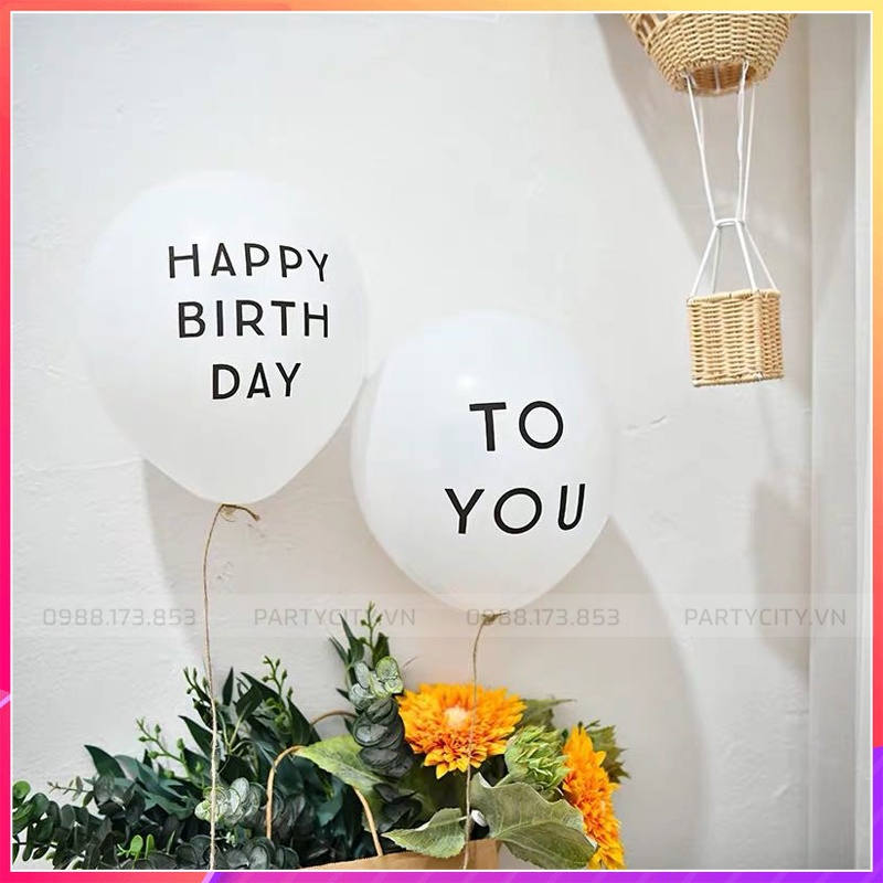 Cặp Bóng Bay Trang Trí Sinh Nhật Kiểu Hàn Quốc Màu Trắng in chữ HAPPY BIRTHDAY TO YOU